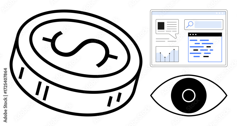 Poster dollar coin emphasizing value, analytics dashboard symbolizing data-driven strategies, and eye depic