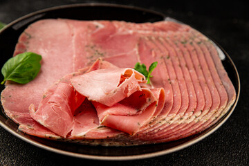 Ham spam pork prosciutto cotto natural product tasty snack fresh delicious gourmet food background on the table rustic top view copy space