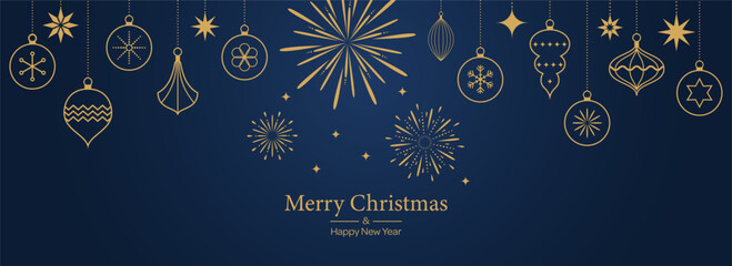 Merry Christmas template background with geometric minimalist elements. Pattern with gold line icons. Abstract modern banner in flat design. Christmas decoration. Vector illustration. © tigadesign