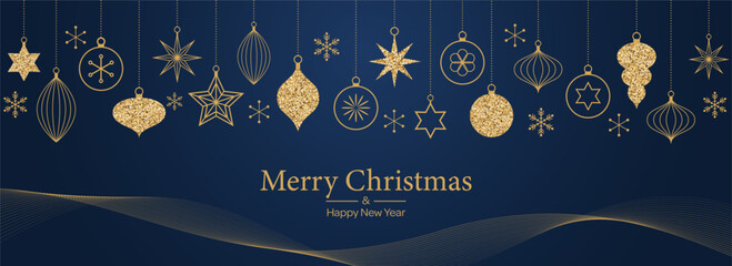 Merry Christmas template background with gold geometric minimalist elements and icons on dark green. Abstract trendy banner with vintage tree decorations in simple flat design. Vector illustration.