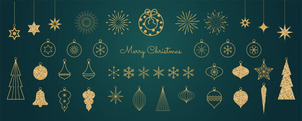 Set of Christmas minimalist golden geometric element or icon in flat linear design. Modern Xmas tree vintage decoration. Vector illustration.