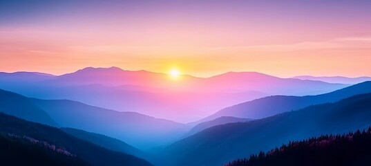 Obraz premium Serene Sunset Over Purple Mountains with Golden Light and Blue Ridges in a Stunning Nature Landscape
