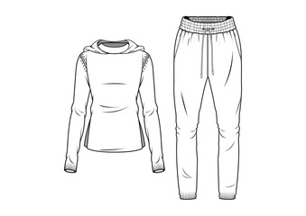 Woman Jersey Pant With Elastic Belt and Slim Hoodie Sweatshirt Casual Tracksuit Set Body Fashion Sketch Template Technical Draw Fashion Illustration