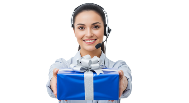 Woman in headset smiling while offering a blue gift box during a customer service interaction