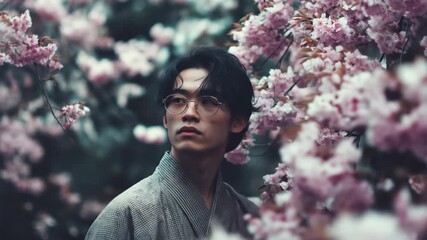 A young man in glasses stands thoughtfully surrounded by blooming pink cherry blossoms, blending natural beauty with a calm and introspective mood. - Powered by Adobe