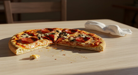 A half-eaten pizza on a table, with crumbs and a discarded napkin
