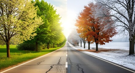 Road split showing four seasons transition concept, contrasting lush green with winter snow.