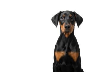 A Doberman puppy, black and tan, intelligent eyes, pointed ears, sitting attentive on a transparent studio background with high-key lighting, concept of loyalty.