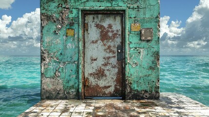 Weathered Turquoise Building with Rusty Metal Door Against Blue Sky and Sea