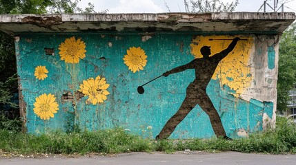 Weathered Wall Mural Stylized Figure and Yellow Flowers