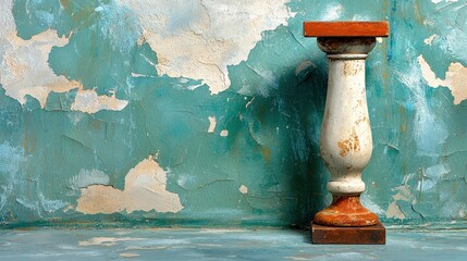 Weathered White Pedestal with Orange Accents on a Distressed Turquoise Wall with Peeling Paint