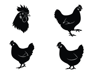 Four black silhouette illustrations of a rooster head and three chickens in different poses on a white background