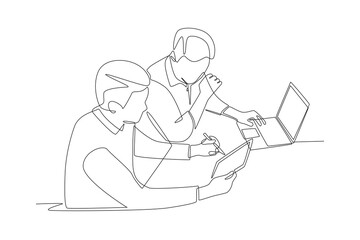 Collaborative coding and testing concept one-line drawing