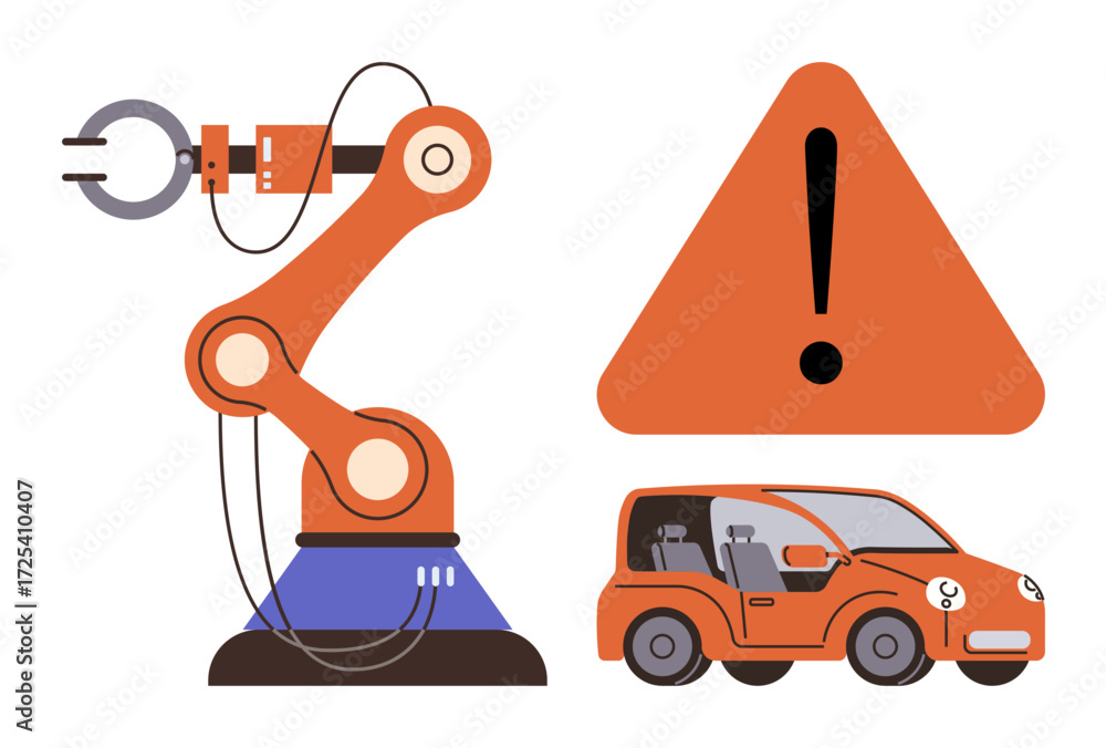 Poster robotic arm next to orange triangular alert sign and autonomous car, emphasizing automation and safe