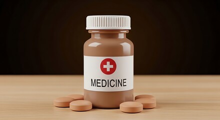 Brown medicine bottle with pills on wooden surface in a dimly lit environment during evening time