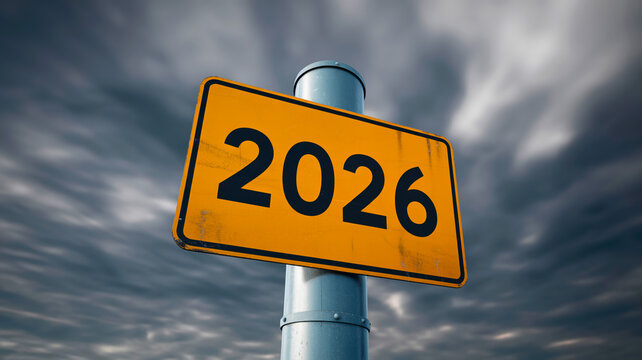 Yellow road sign with the number 2026 against a dramatic cloudy sky