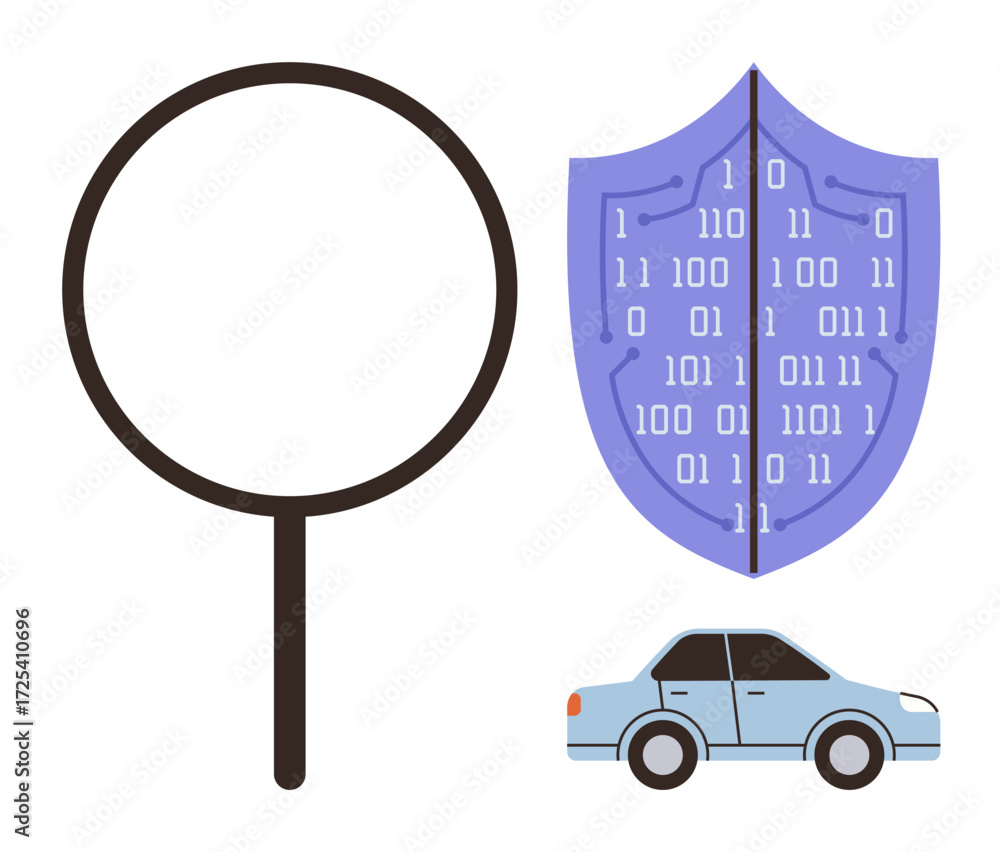 Poster magnifying glass beside digital shield with binary code and car. ideal for car safety, cybersecurity