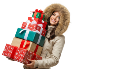 Woman in winter coat carries a stack of colorful Christmas gifts during holiday shopping season