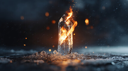 A mesmerizing elemental contrast of fire burning inside a frozen ice crystal