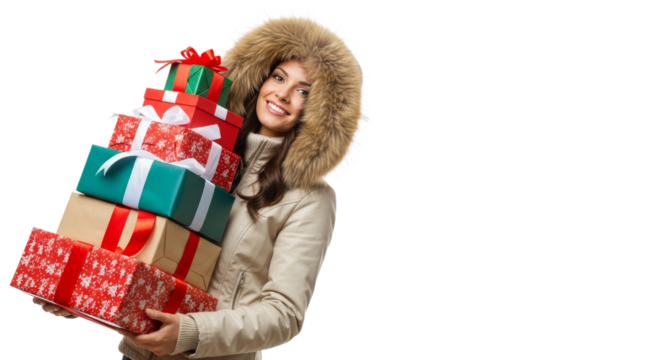 Woman in winter coat carries a stack of colorful Christmas gifts during holiday shopping season