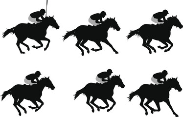Dynamic silhouettes of a jockey racing a horse in full gallop, illustrating the excitement and speed of the sport.