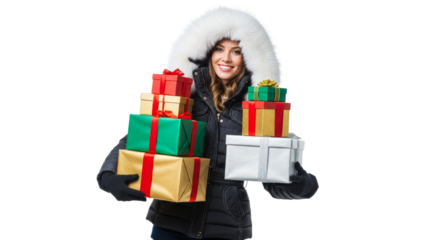 Smiling woman in warm winter coat carrying colorful holiday gifts with a festive mood