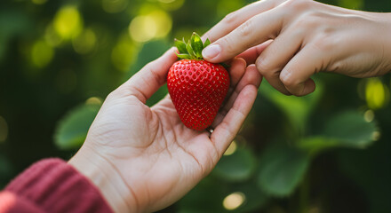 A hand holding a freshly picked strawberry