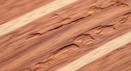 Close-up of richly toned wood grain featuring alternating light and dark stripes, punctuated by numerous small, irregular holes and pitting