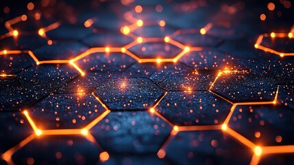 Fototapeta premium Abstract hexagonal grid on dark background with colorful lights, digital tech network concept 