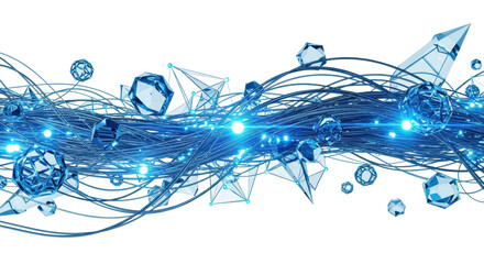Luminous, interwoven data lines, pulsating nodes, elegant translucent shapes in blue/cyan on transparent background, advanced digital network technology concept