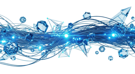 Luminous, interwoven data lines, pulsating nodes, elegant translucent shapes in blue/cyan on transparent background, advanced digital network technology concept