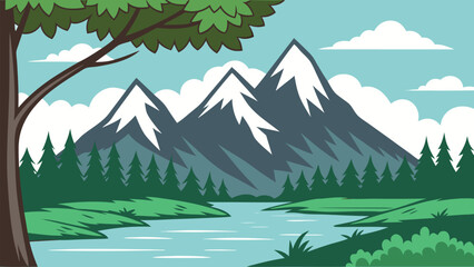 Fototapeta premium Snowcapped mountain peaks appear behind a lush forest and calm river waterscape
