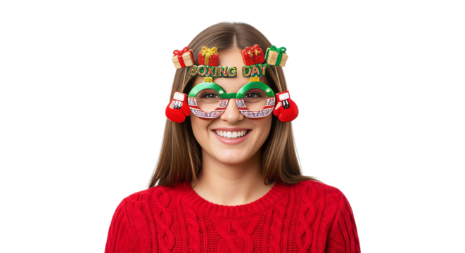 Woman joyfully celebrates Boxing Day wearing festive glasses and a cozy red sweater