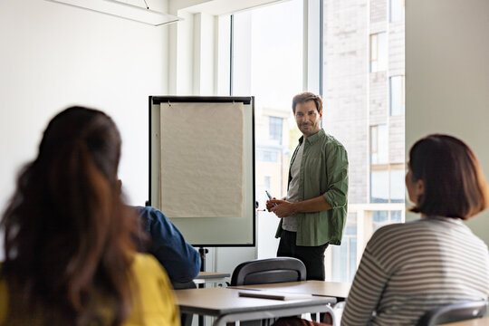 Instructor brainstorming with students in a classroom