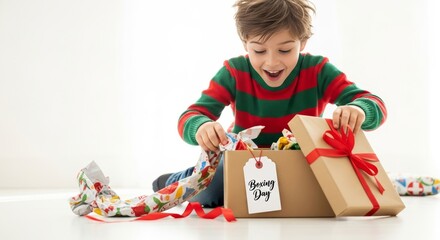 Excited child joyfully opening a Boxing Day present on a bright day in a cozy living room setting