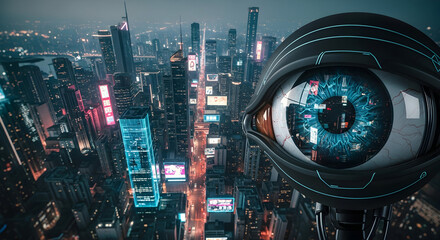 Futuristic Surveillance Eye Over a Dystopian Metropolis