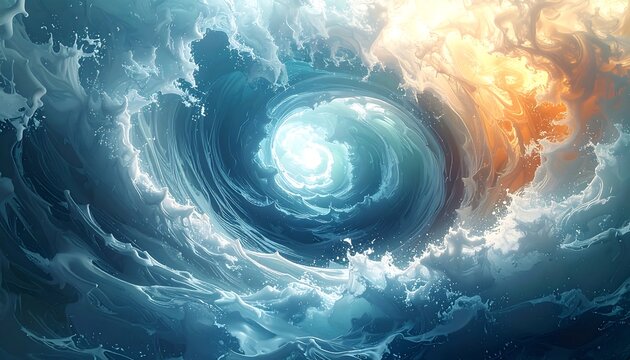 A swirling vortex of cool blues and warm oranges, a luminous center glows