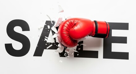 Red boxing glove breaking through the word sale on a white background during a promotional event