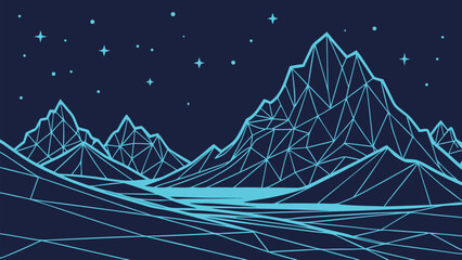 Abstract mountain landscape showcases cyan polygon outlines against a dark blue starry night background