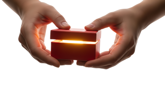 Hands holding a bright red gift box with light shining from its center in a minimalistic background