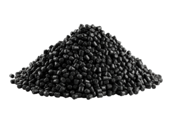 Angular heap of deep black recycled plastic pellets, uniform texture, isolated on white, high-contrast lighting, raw materials and waste transformation concept