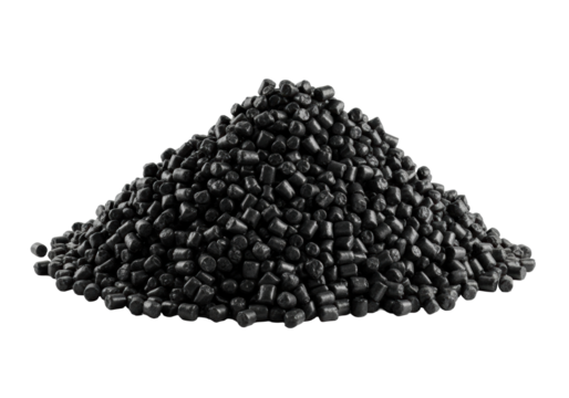 Angular heap of deep black recycled plastic pellets, uniform texture, isolated on white, high-contrast lighting, raw materials and waste transformation concept