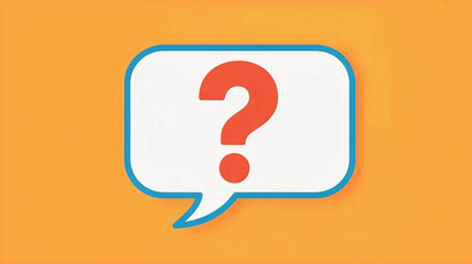 Bold red question mark inside a clean white speech bubble against a vibrant orange background, symbolizing inquiry and curiosity.