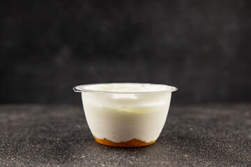 Yogurt or skyr natural dairy lactose free natural product tasty snack fresh delicious gourmet food background on the table rustic top view copy space