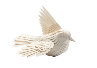 A single, meticulously sculpted cream paper bird with delicate, layered feathers and fanned wings, macro shot on transparent background with copy space, tranquility and delicate beauty concept