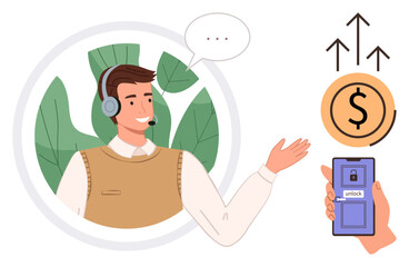 Smiling agent wearing headphones engaging with customer, upward arrows and dollar symbol, phone unlocking. Ideal for customer service, business, finance, growth, communication, digital marketing