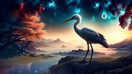 Japanese Garden on an Alien World: Heron in a dreamlike landscape with nebula light.