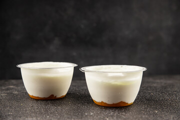 Yogurt or skyr natural dairy lactose free natural product tasty snack fresh delicious gourmet food background on the table rustic top view copy space