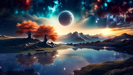 Japanese Garden on an Alien World: A tranquil landscape blends mossy paths, glowing flora, and mirrored lakes beneath celestial skies&mdash;where nebula light and distant planets evoke harmony beyond Earth.