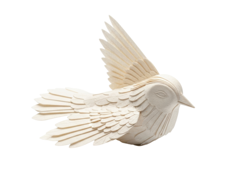 A single, meticulously sculpted cream paper bird with delicate, layered feathers and fanned wings, macro shot on transparent background with copy space, tranquility and delicate beauty concept - Powered by Adobe